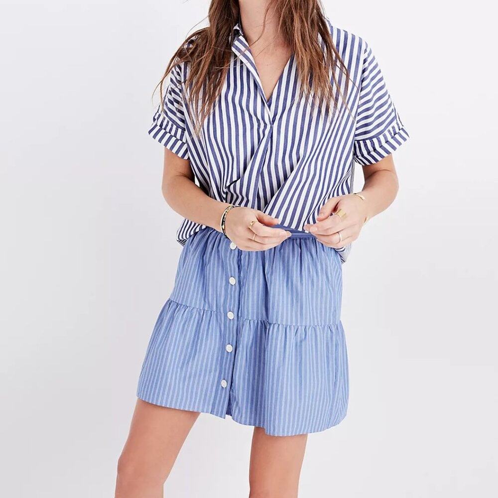 Madewell Bistro Button Front Cotton Tiered Striped Mini Skirt Size XS - Picture 2 of 8